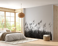 Black and white Pampa herbs mural for elegant bedroom wall decor.
