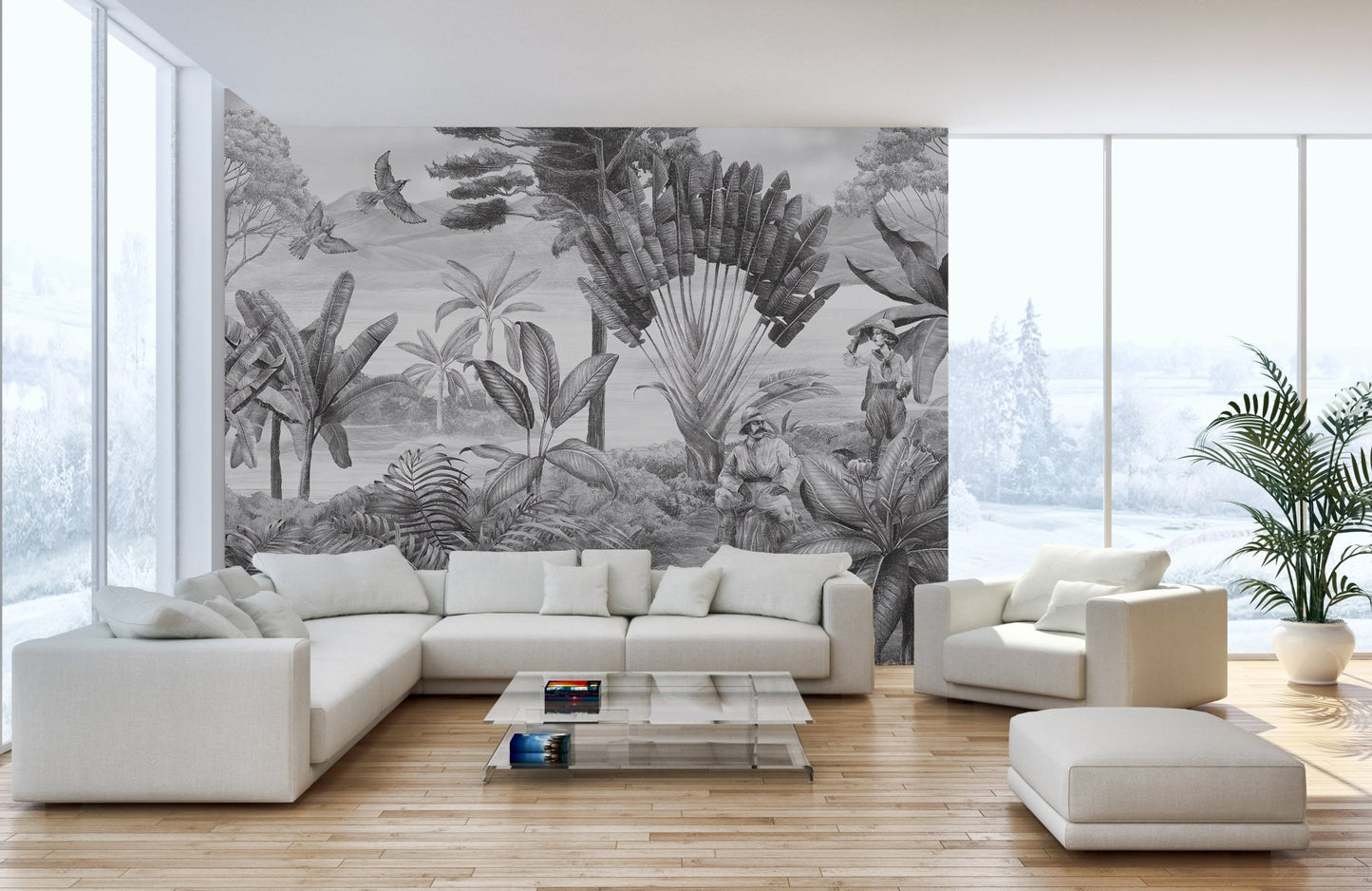 Monochromatic woodland scenery landscape wall mural in bright living room.