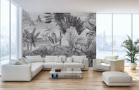 Monochromatic woodland scenery landscape wall mural in bright living room.