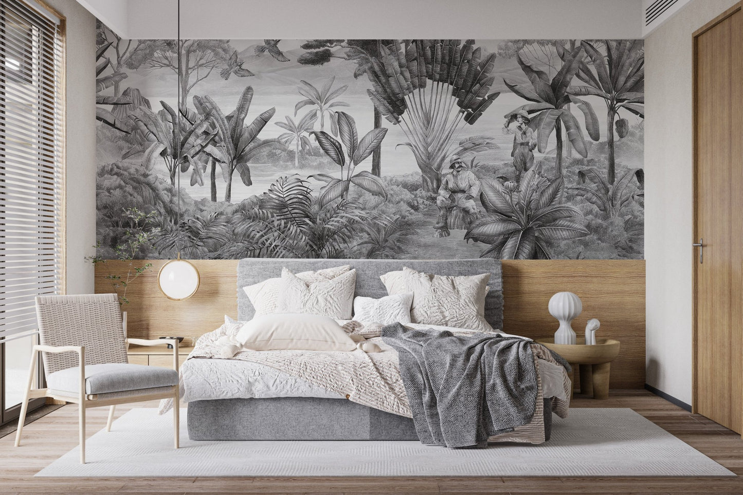 Artistic grayscale horizon scenery wall mural in bedroom.