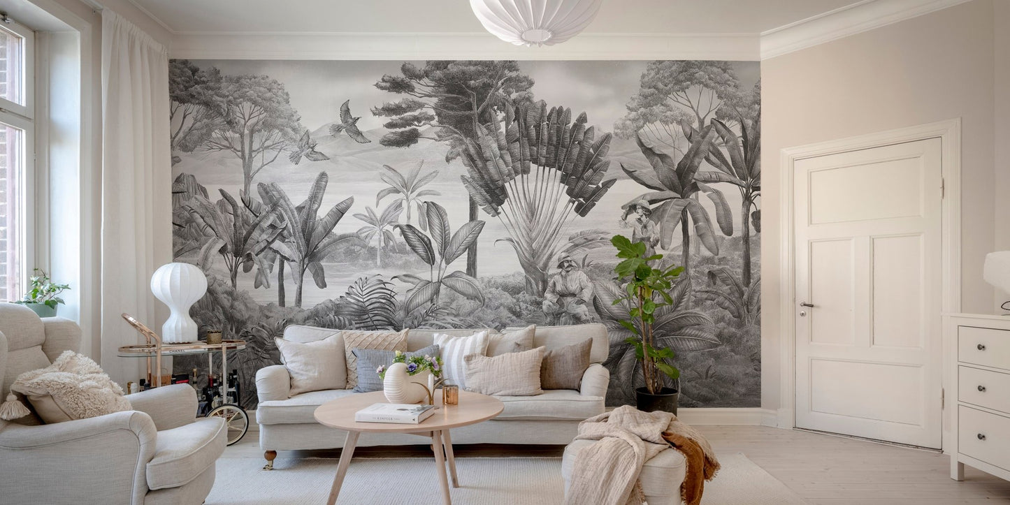 Grey palm tree scenery wall mural in a neutral living area.