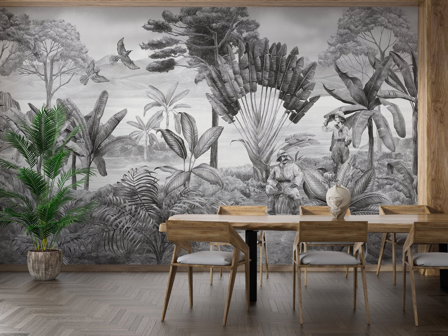 Elegant monochrome mountain scenery wall mural in modern dining room.