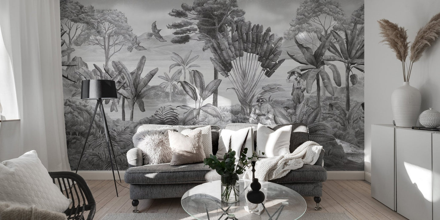 Dramatic monochrome lake scene in a wall mural in small living area.