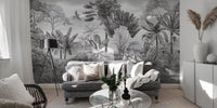 Dramatic monochrome lake scene in a wall mural in small living area.