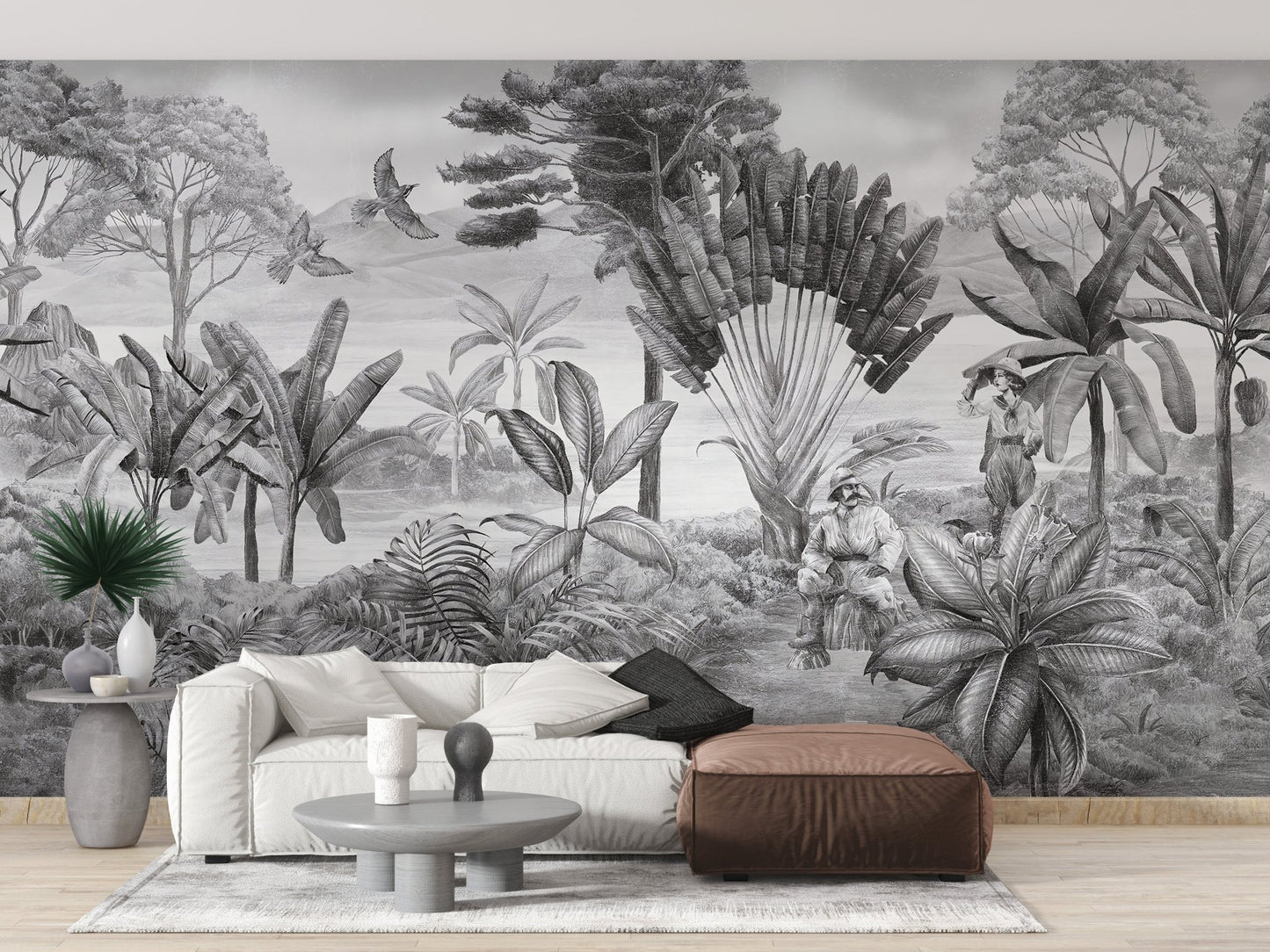 Grey forest scenery wall mural in a modern living space.