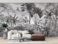 Grey forest scenery wall mural in a modern living space.