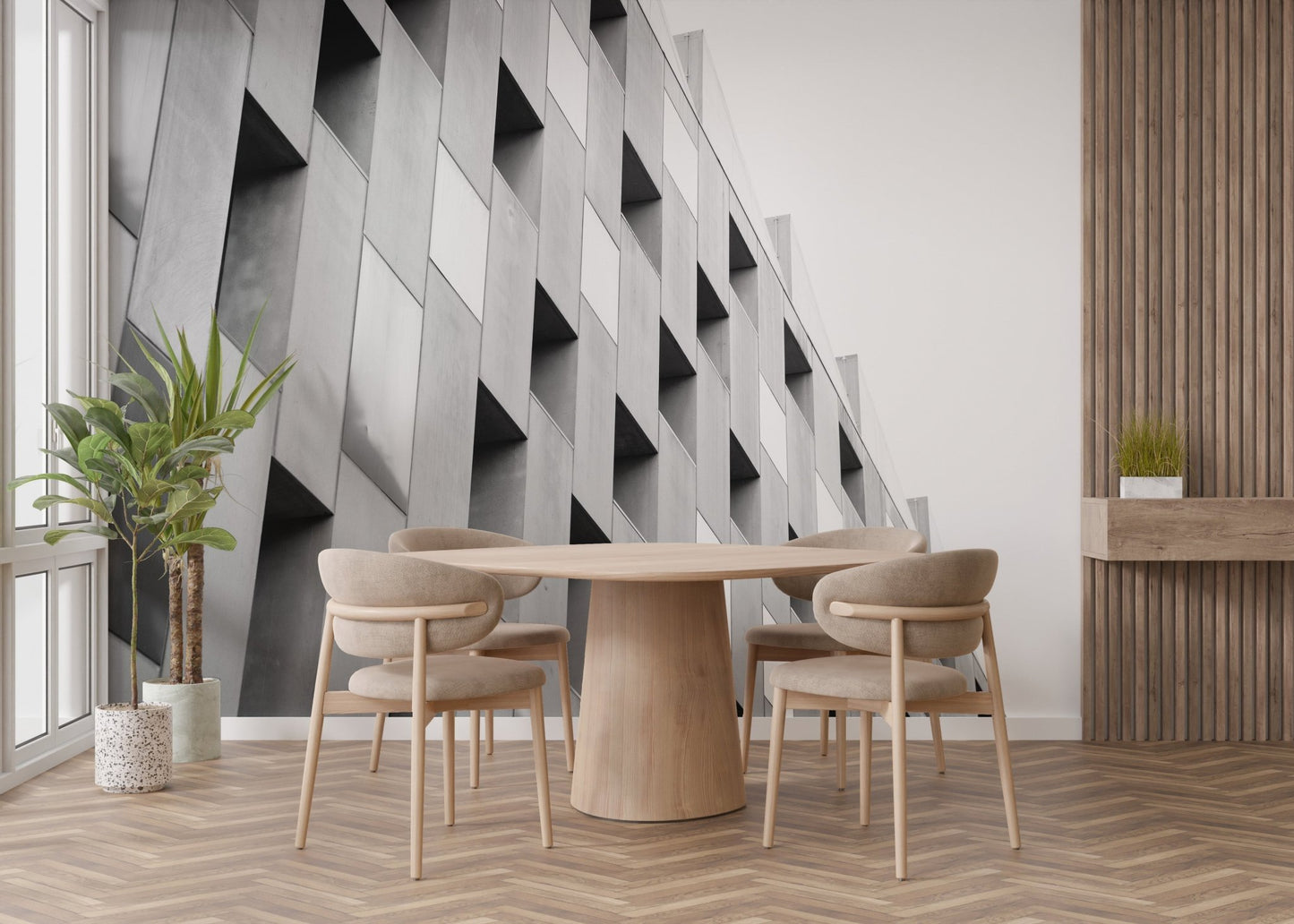 Sunlit dining area with Black and White Structural Elegance Murals and round table.