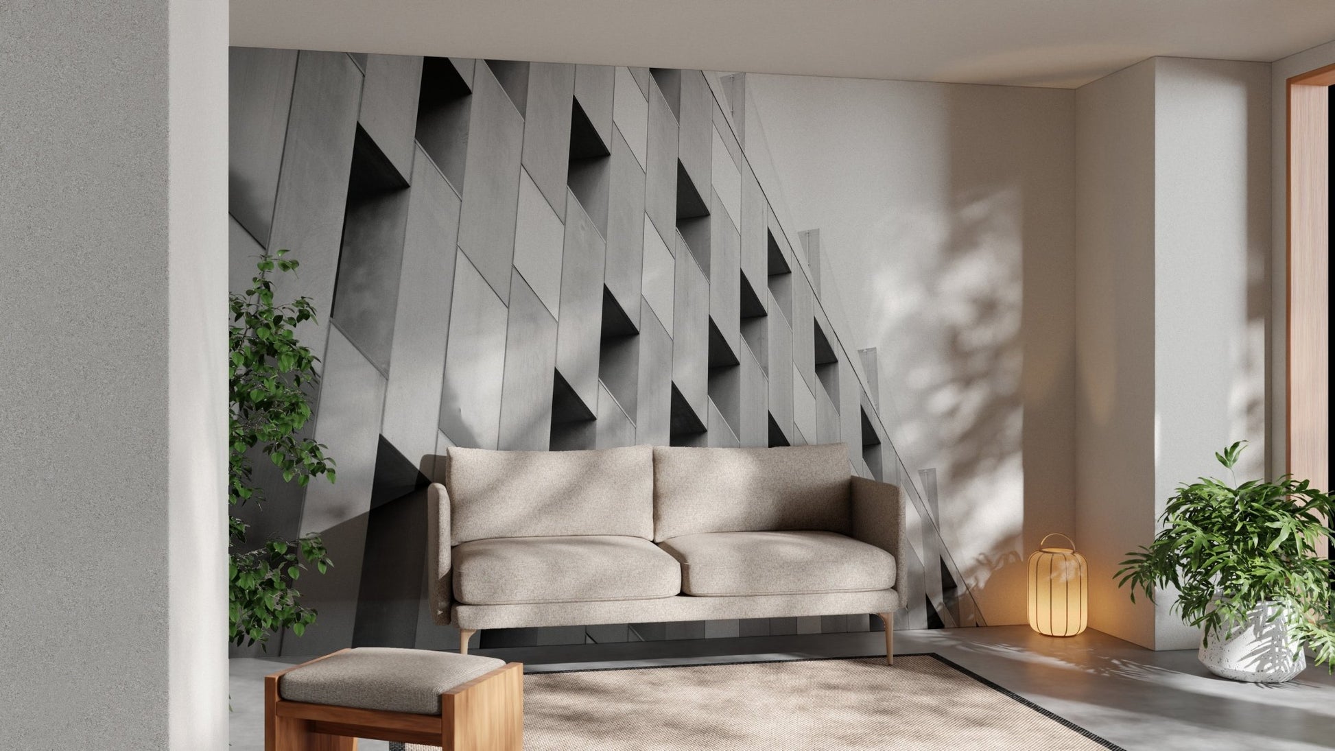 Modern lounge with Black and White Structural Elegance Murals and tan sofa.