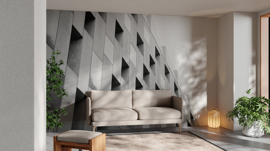 Modern lounge with Black and White Structural Elegance Murals and tan sofa.