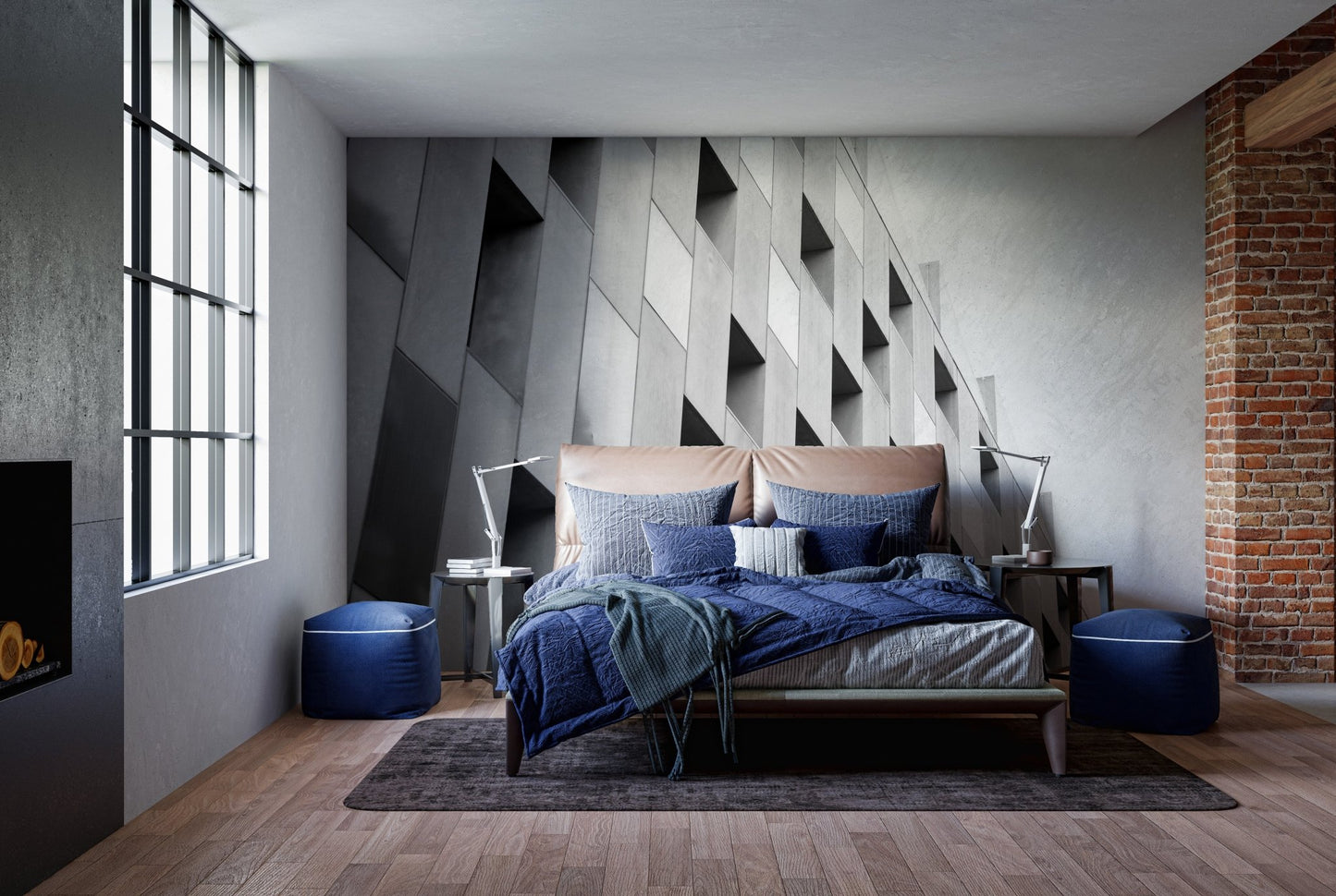 Minimalist bedroom featuring 3D geometric structure wall mural behind a blue bed.