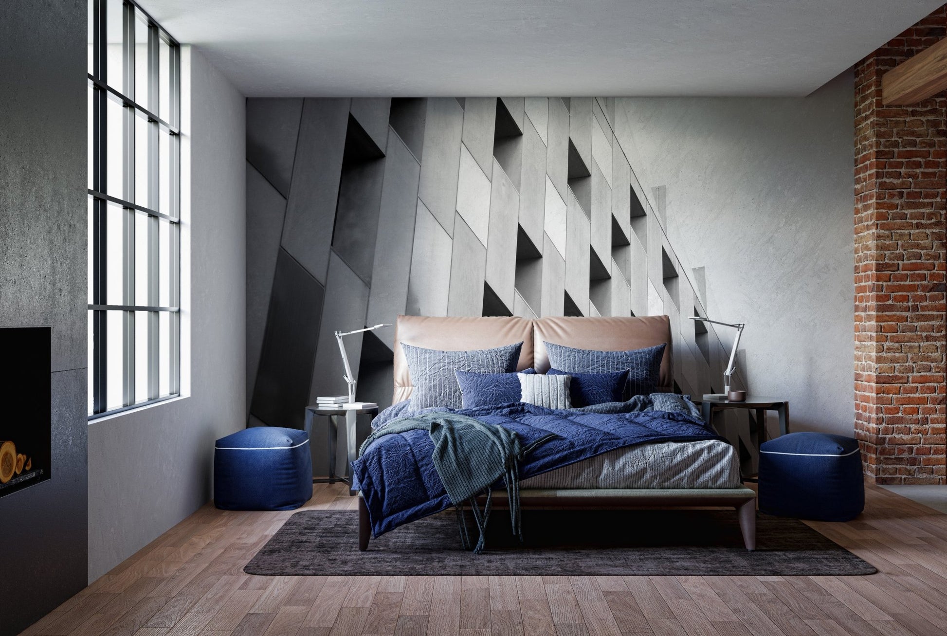 Minimalist bedroom featuring 3D geometric structure wall mural behind a blue bed.