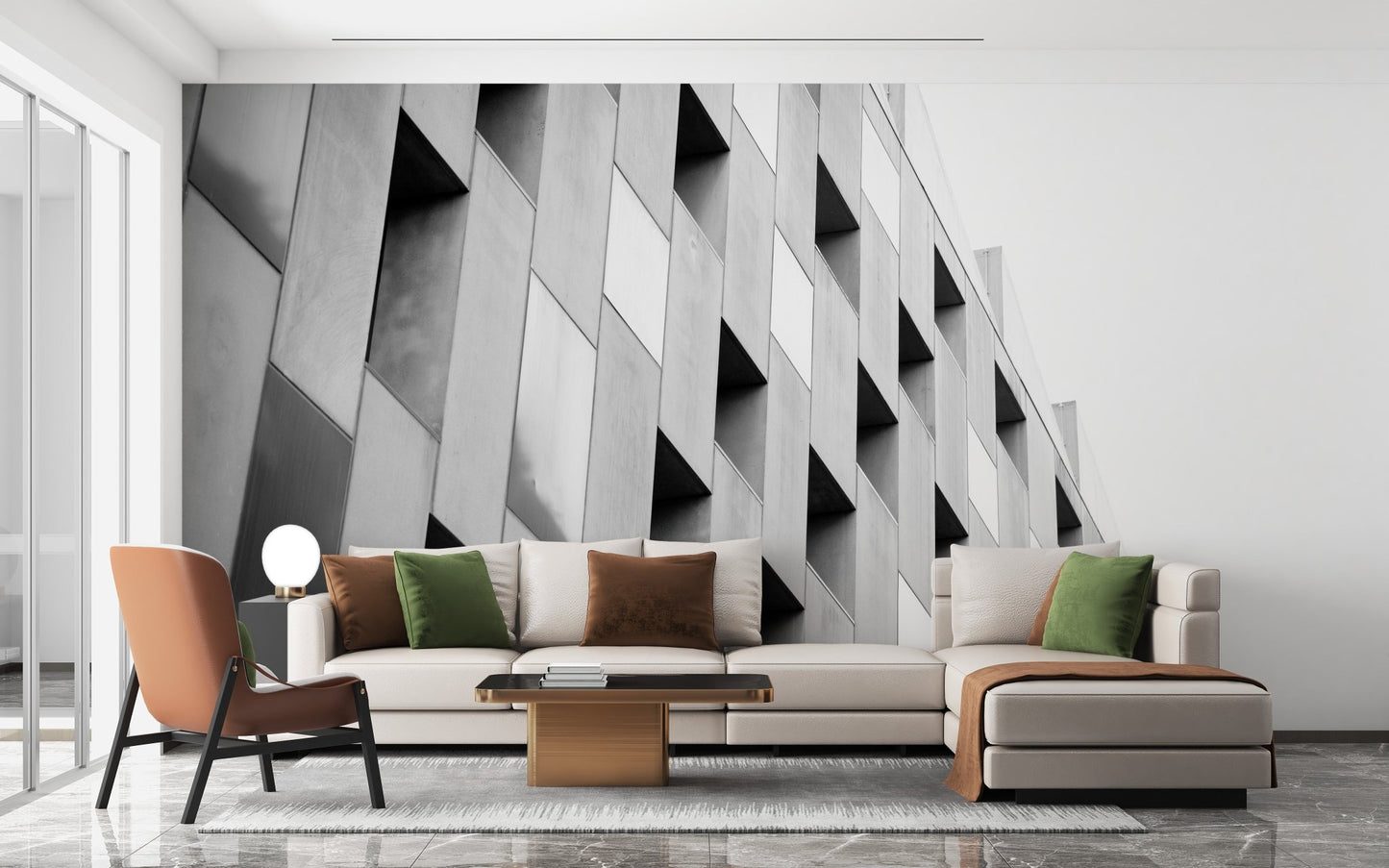 Bright living space showing textured 3D structural wall mural with modern furniture.
