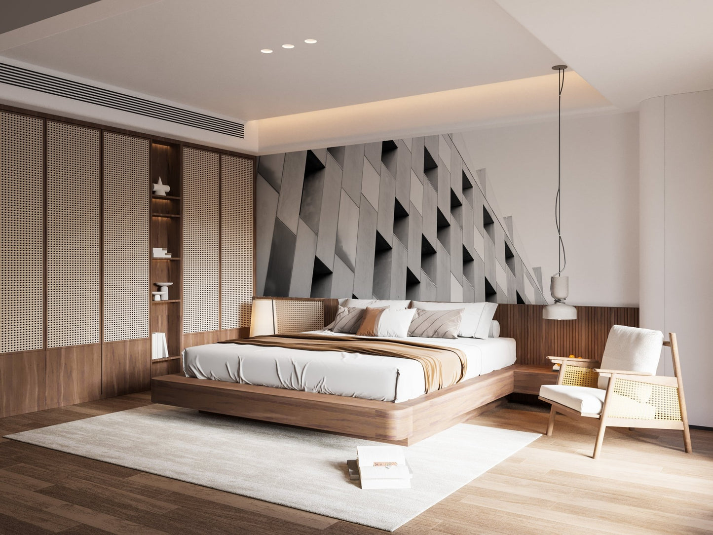 Luxury master bedroom with architectural pattern wall mural and wooden accents.
