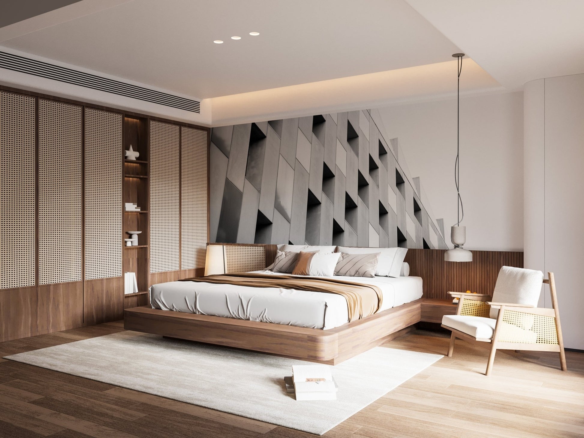 Luxury master bedroom with architectural pattern wall mural and wooden accents.