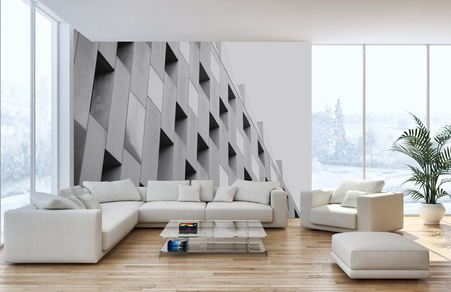 Spacious living room featuring monochromatic 3D structural wall mural and white sectional sofa.