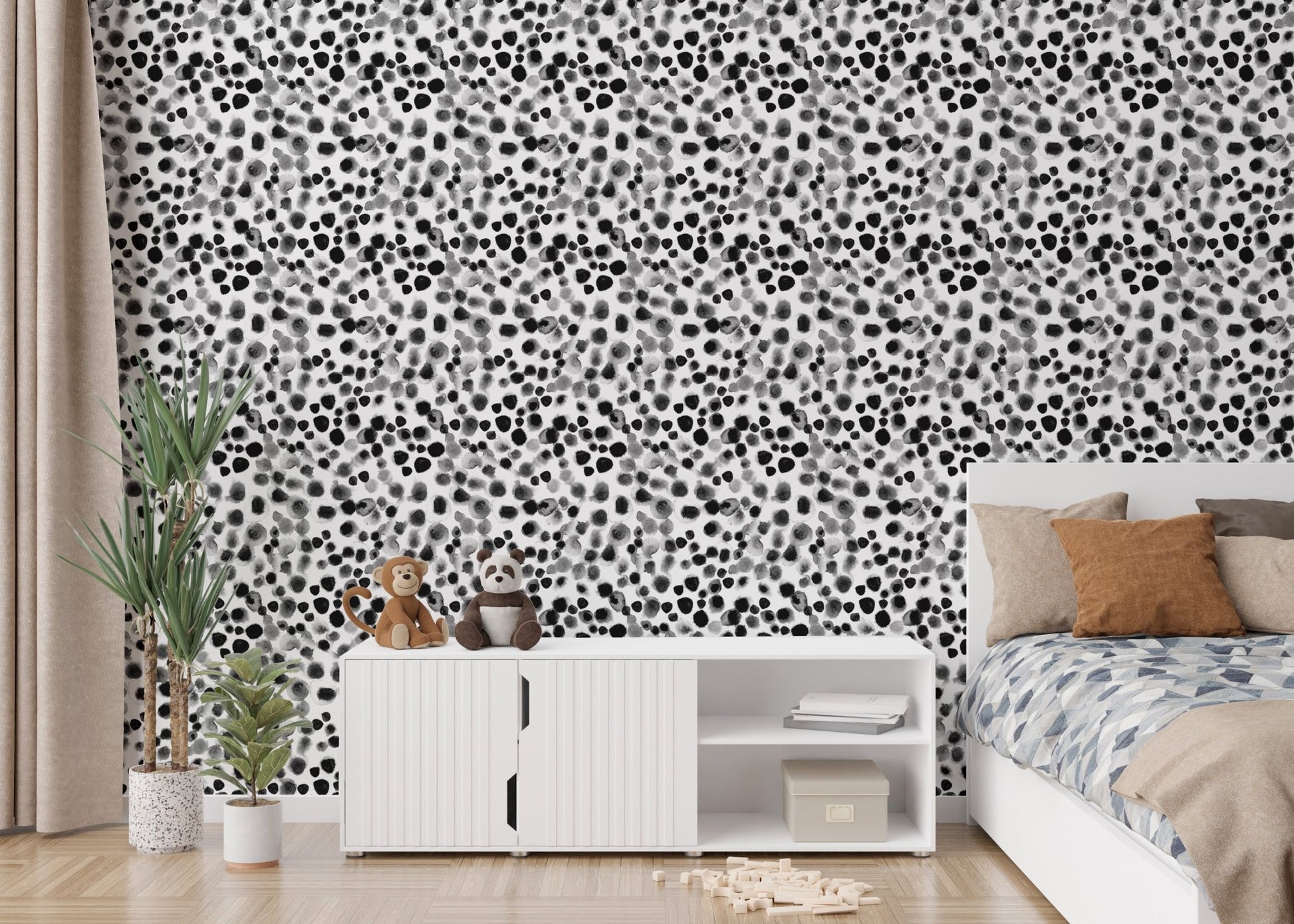 Black and white watercolor geometric wallpaper in a modern bedroom setting.