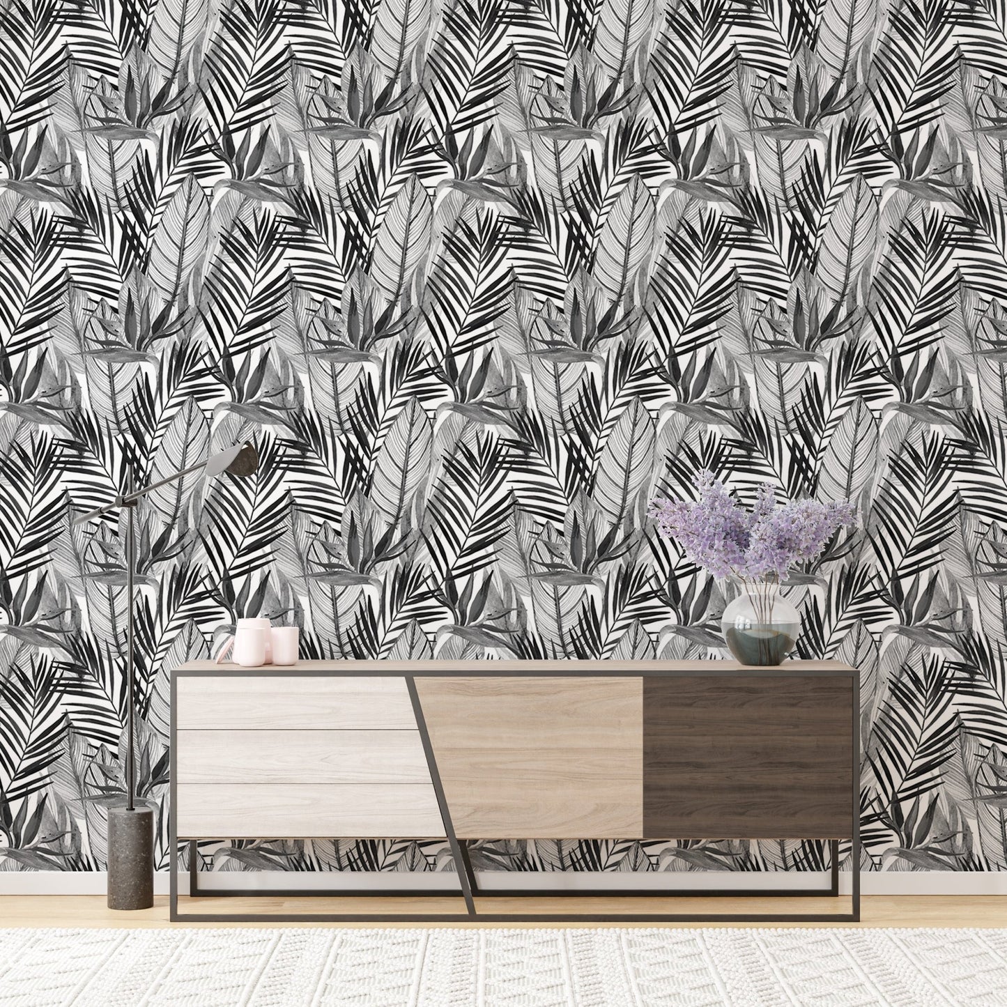 Watercolor wallpaper in modern room with dark wood console table.