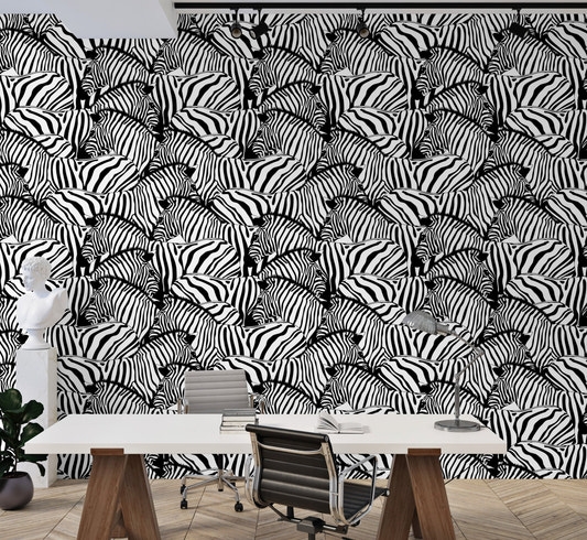 Black and White Zebra Striped Savannah Animal Wallpaper in a modern office setup.
