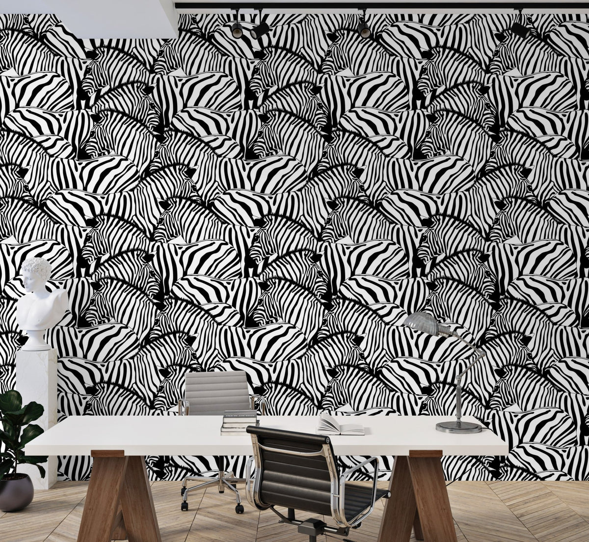 Black and White Zebra Striped Savannah Animal Wallpaper in a modern office setup.