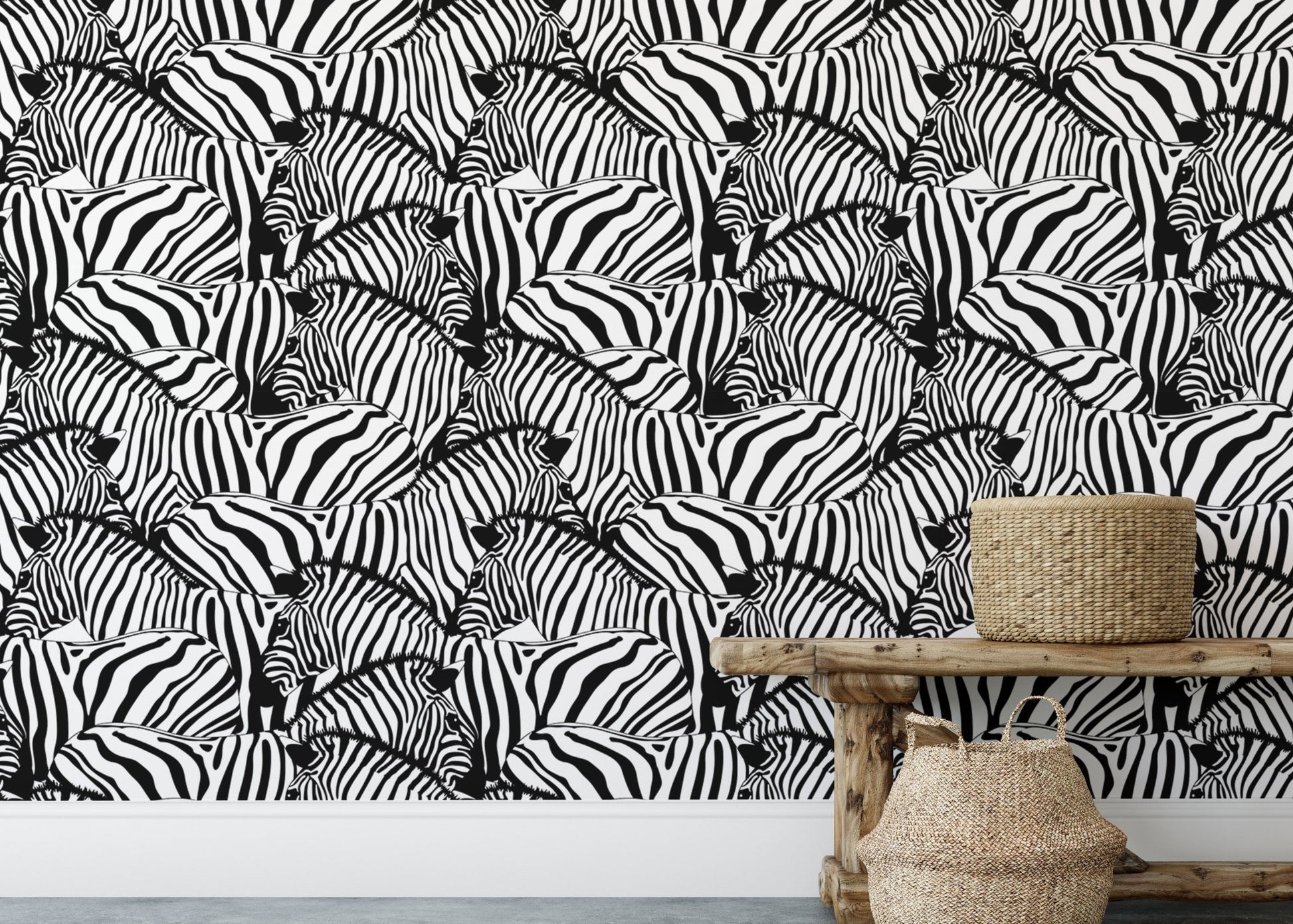 Black and white zebra print wallpaper behind a rustic wooden bench and basket.