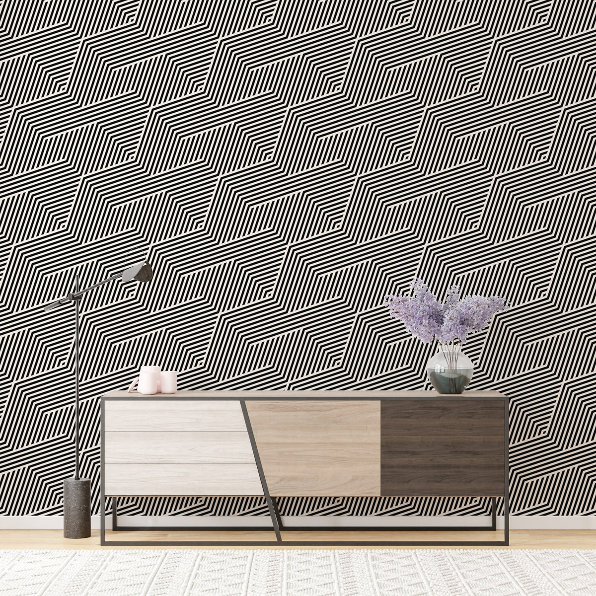 Minimalist stripe wallpaper behind a wooden sideboard and purple vase.