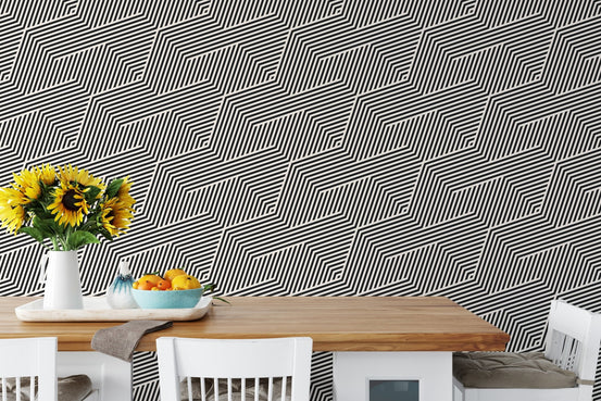 Black and white zigzag geometric stripes wallpaper in a dining area with sunflowers.
