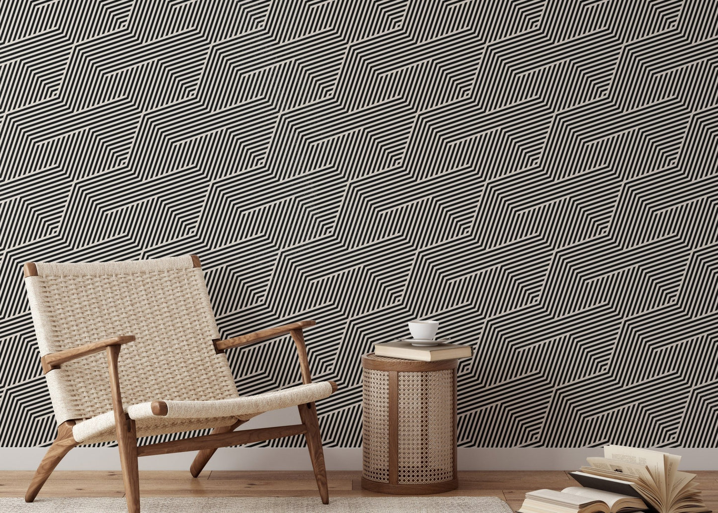 Grey zigzag stripes wallpaper in a living area with a wooden chair and side table.