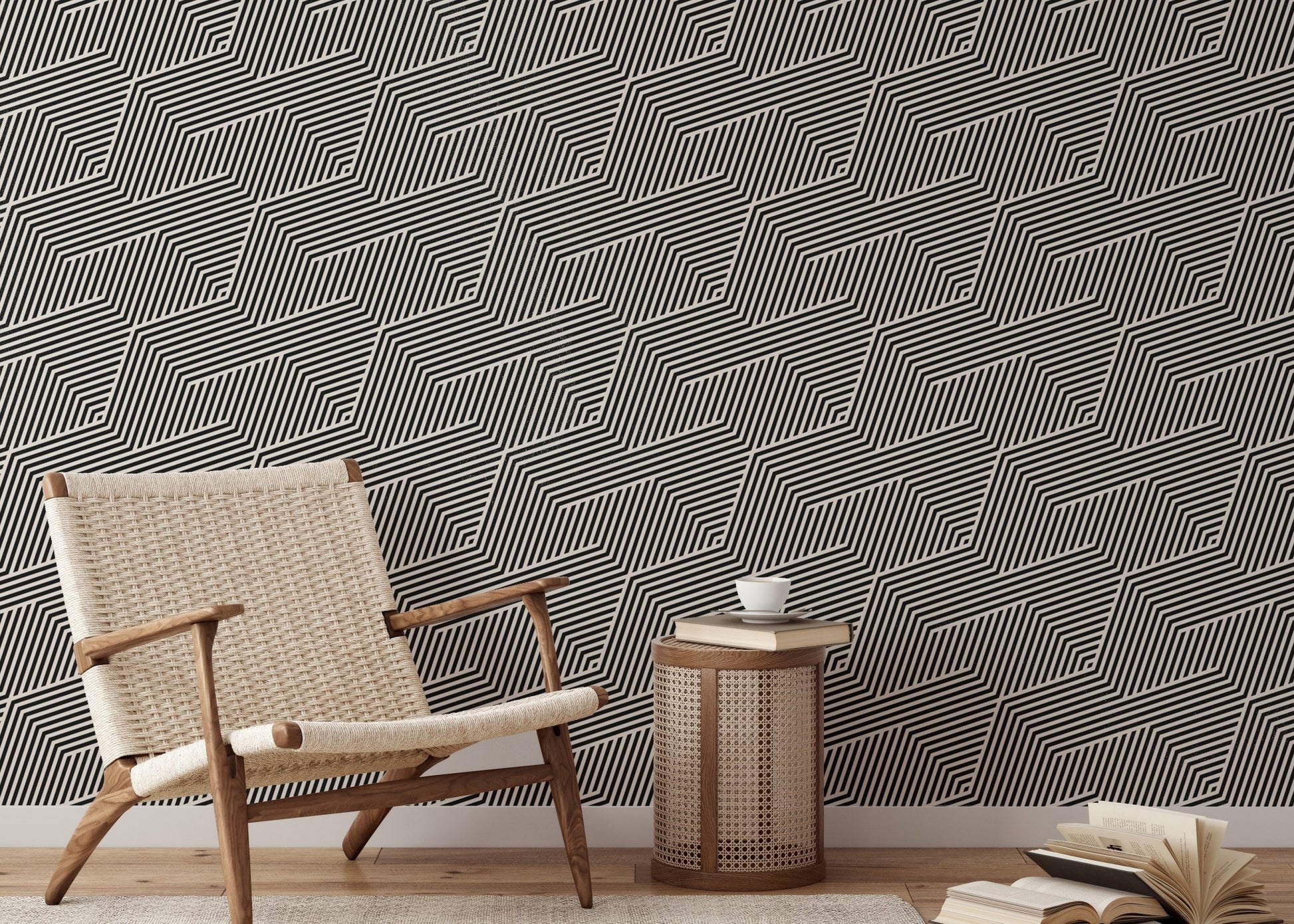 Grey zigzag stripes wallpaper in a living area with a wooden chair and side table.