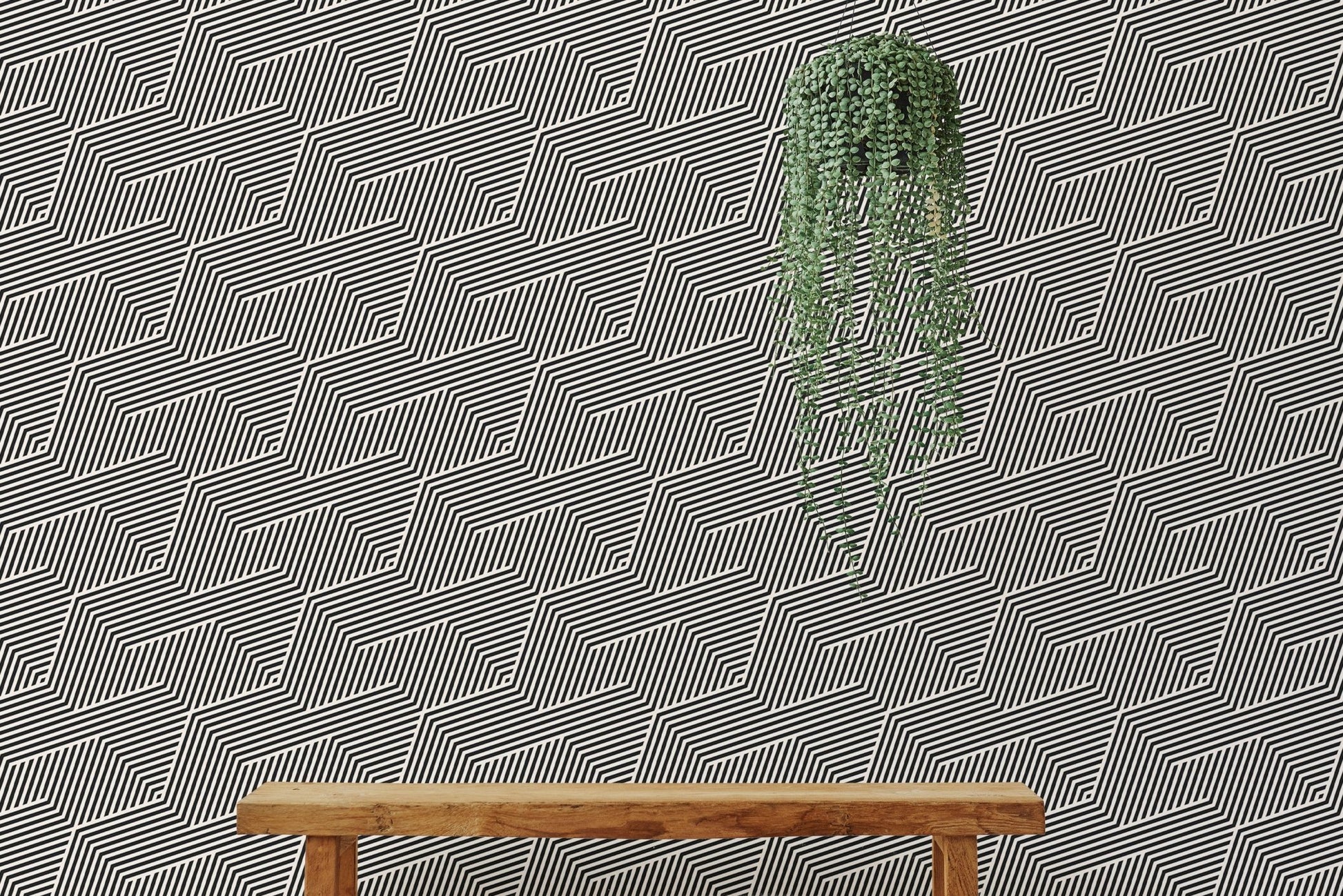 Textured geometric wallpaper behind a wooden bench with hanging plants.