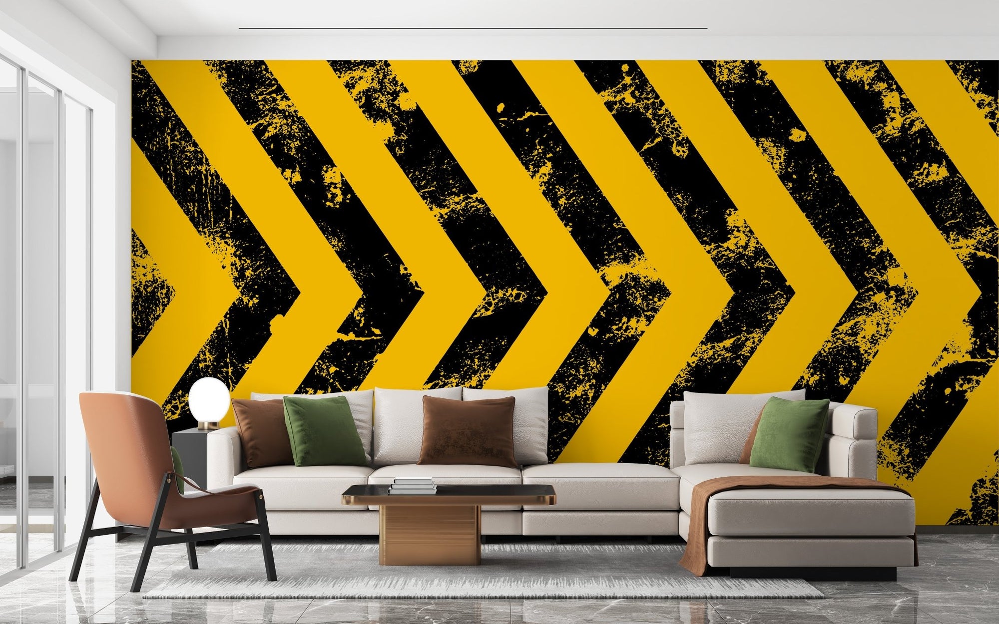 Modern living room with black and yellow hazard strips mural for feature wall