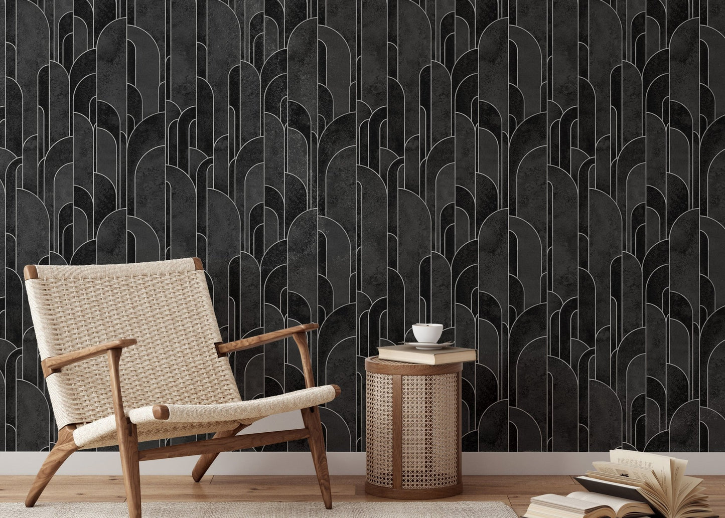Sophisticated black Art Deco pattern wallpaper in reading room.
