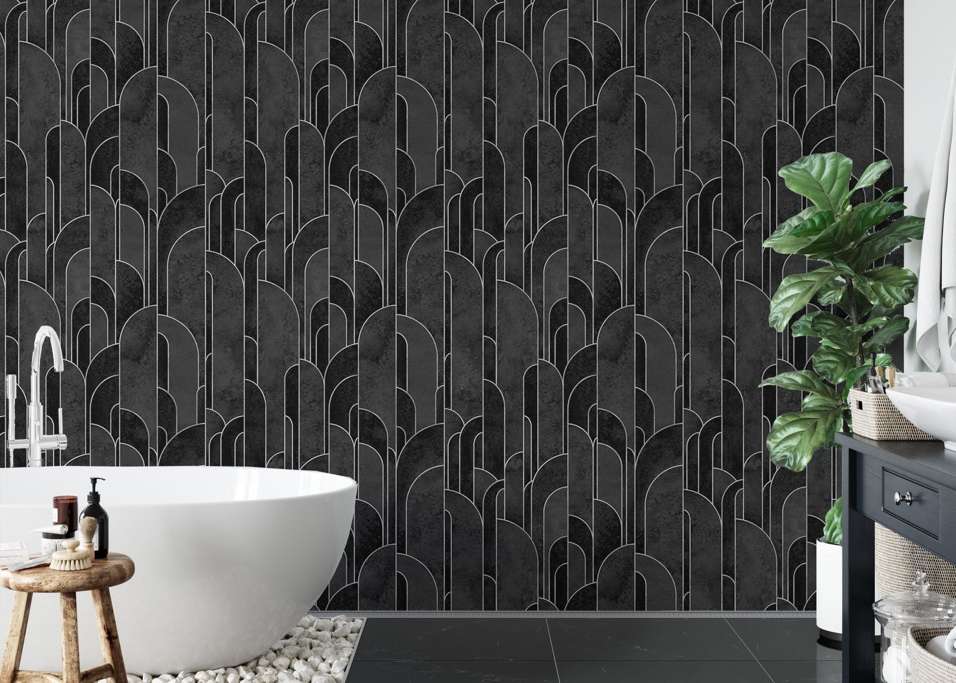 Geometric black repeat pattern Deco wallpaper in modern bathroom.