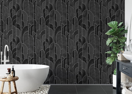 Geometric black repeat pattern Deco wallpaper in modern bathroom.