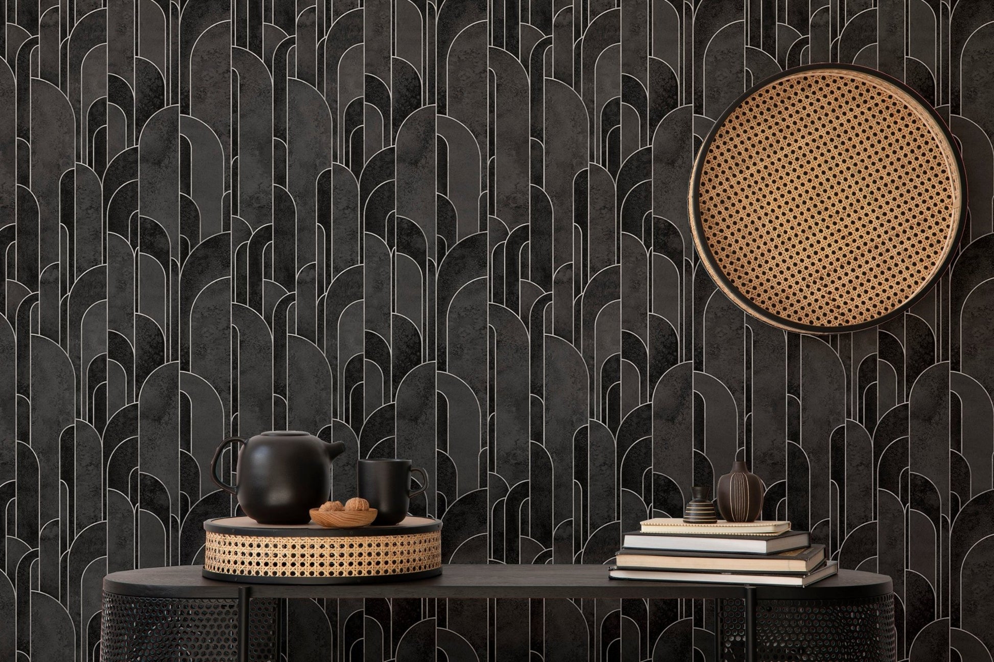 Black repeating Deco wallpaper for modern room decor.