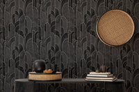 Black repeating Deco wallpaper for modern room decor.