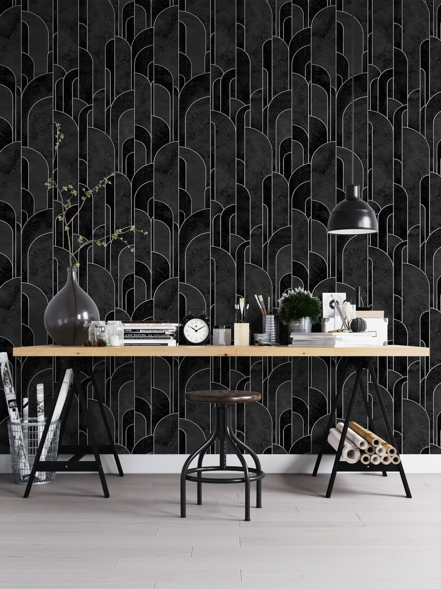 Modern black Art Deco pattern wallpaper for home office walls.
