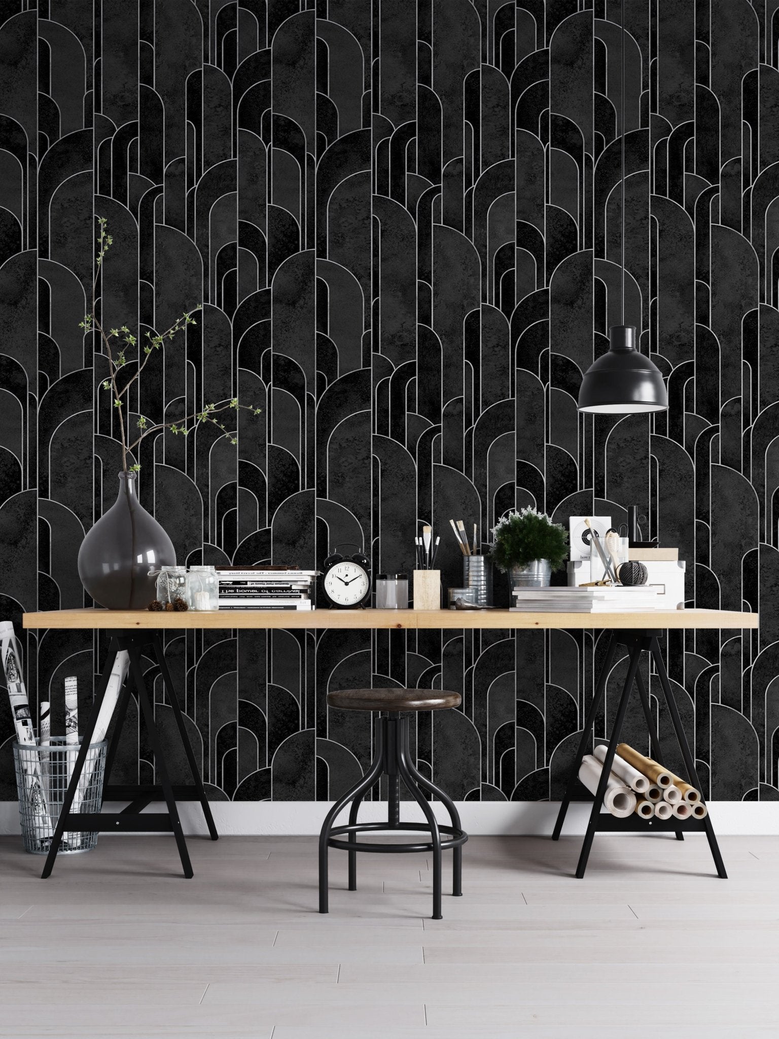 Modern black Art Deco pattern wallpaper for home office walls.