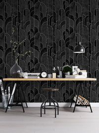 Modern black Art Deco pattern wallpaper for home office walls.