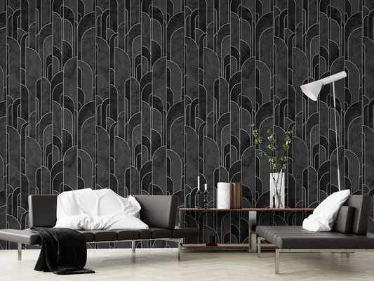 Black Art Deco repeat design wallpaper for stylish living room walls.