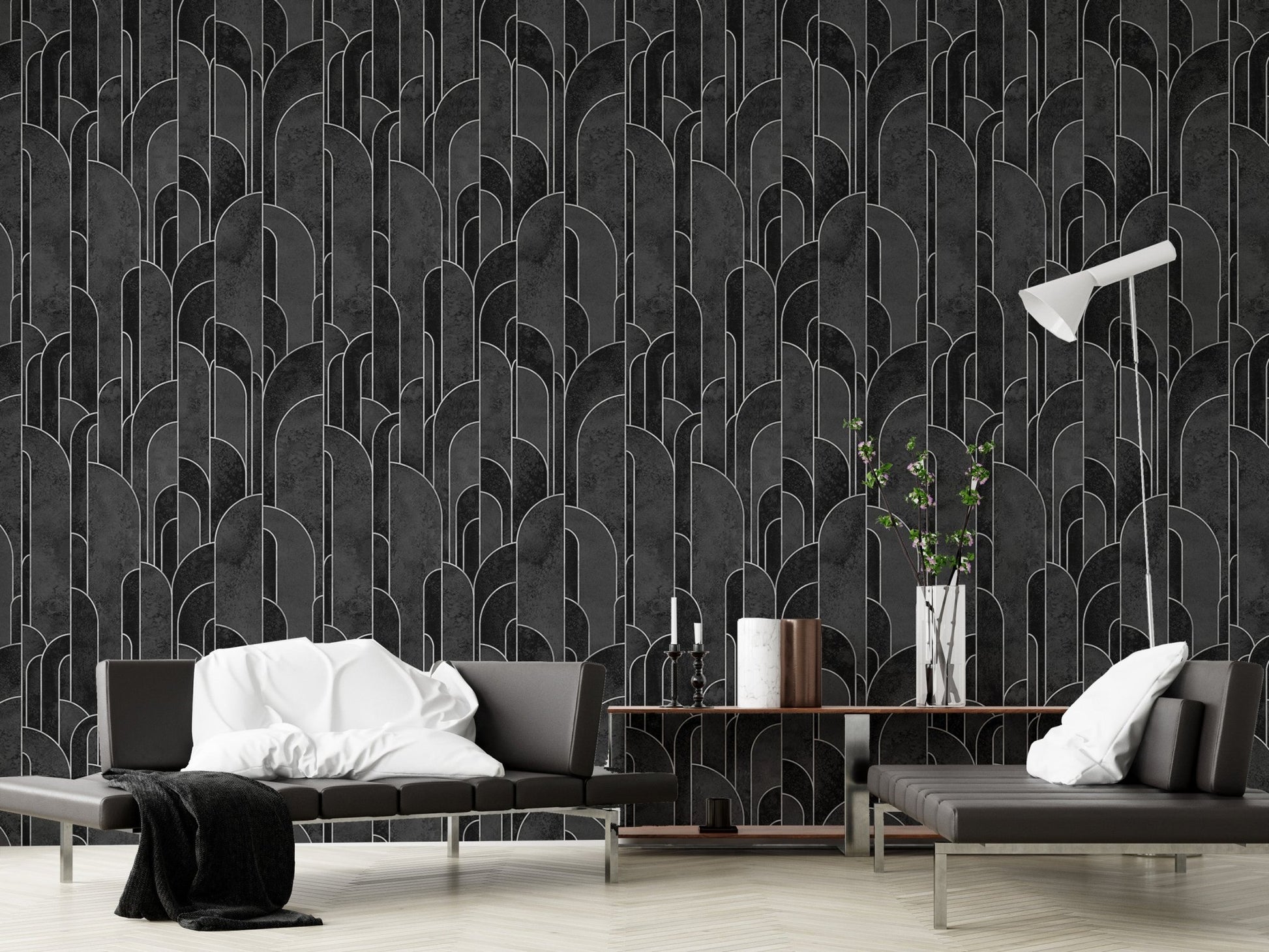 Black Art Deco repeat design wallpaper for stylish living room walls.