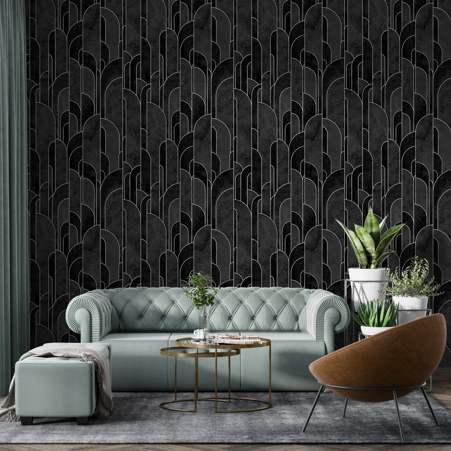 Minimalist black Deco repeat wallpaper patterns for living area.