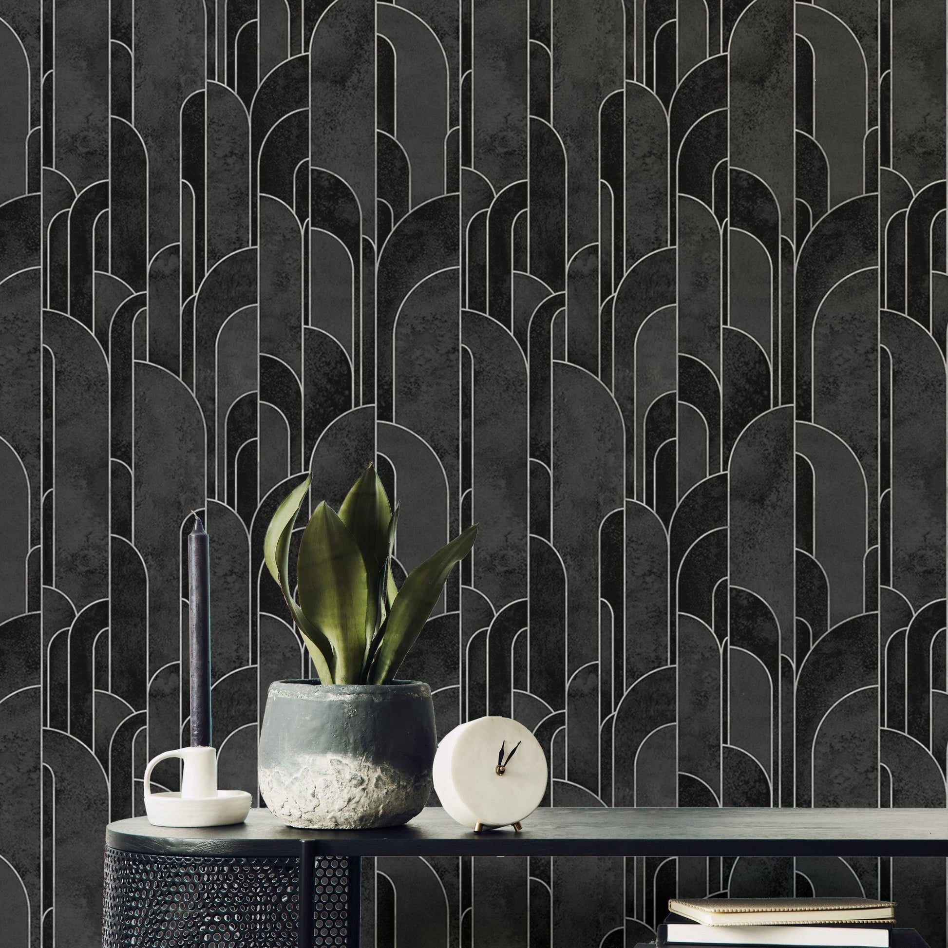 Stylish black Art Deco pattern wallpaper for unique living room walls.