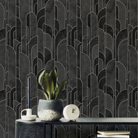 Stylish black Art Deco pattern wallpaper for unique living room walls.