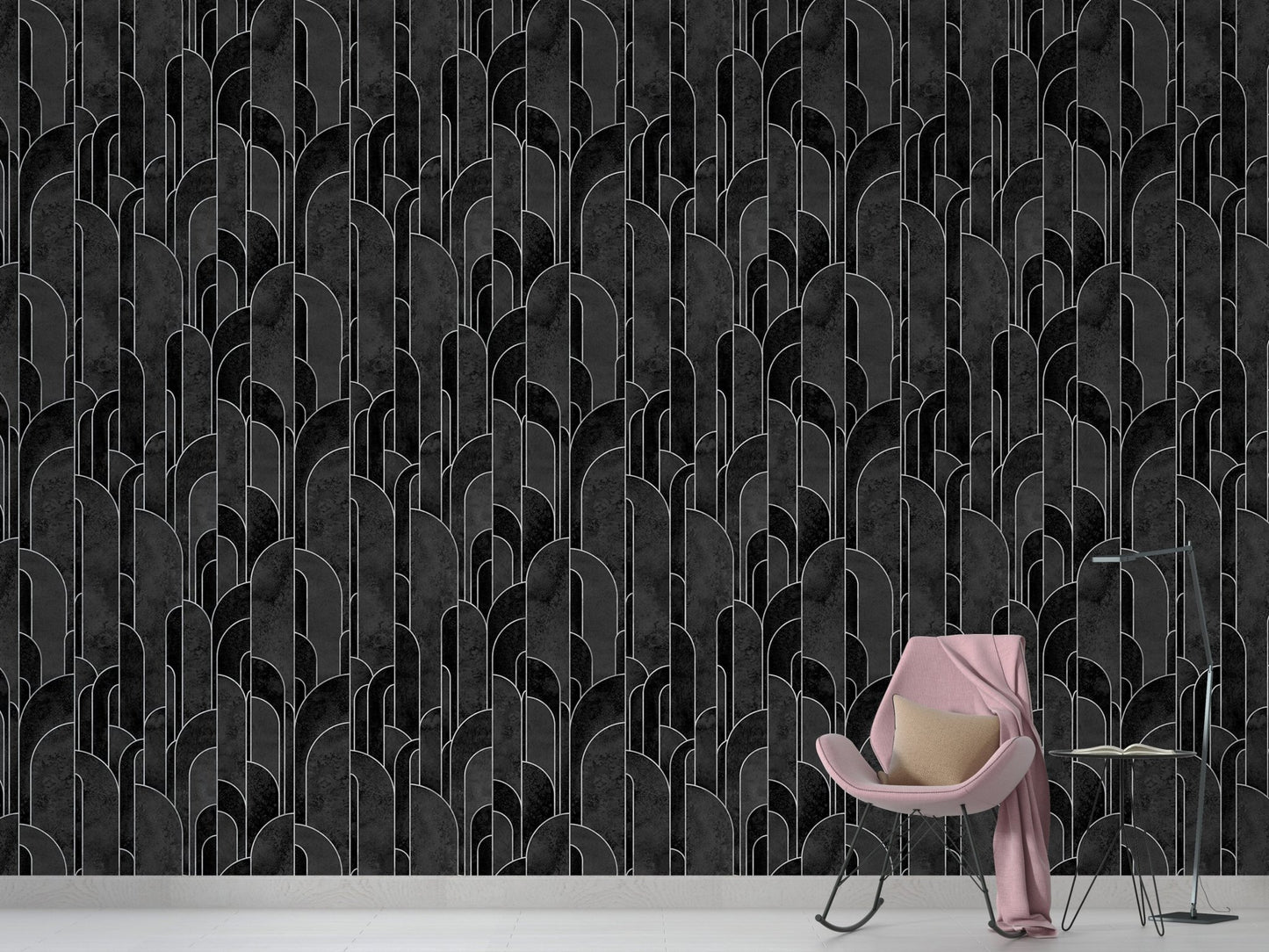 Minimalist space with a pink chair and dark archway pattern wallpaper