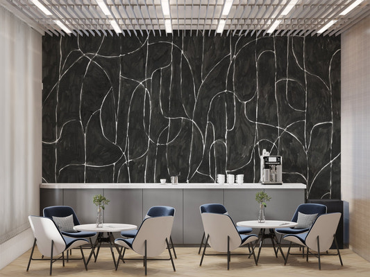 Modern monochromatic black beach wallpaper decor showcasing thin white arcing lines.