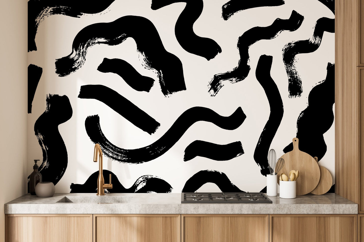 Black Brushstrokes Abstract Wall Mural - Wallanza