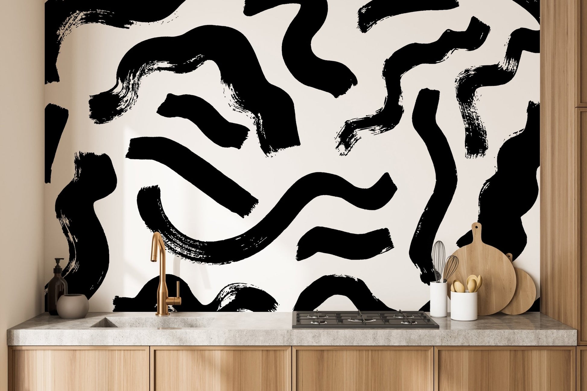 Black Brushstrokes Abstract Wall Mural - Wallanza