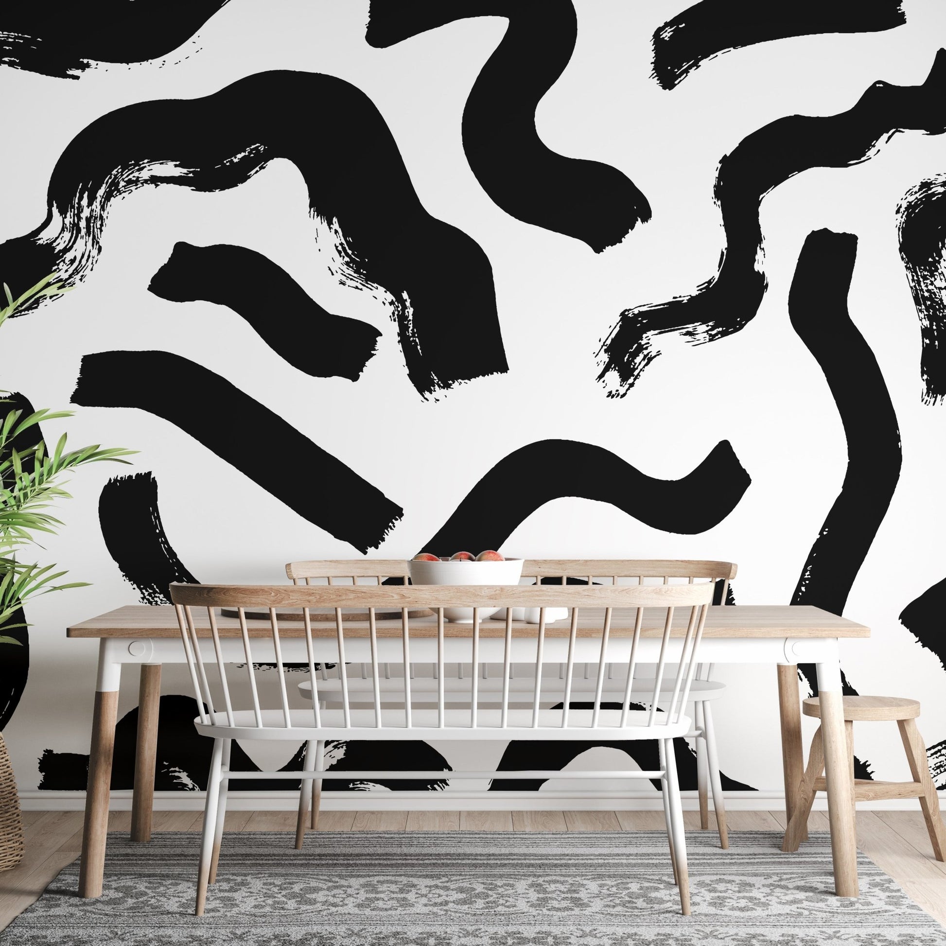 Black Brushstrokes Abstract Wall Mural - Wallanza