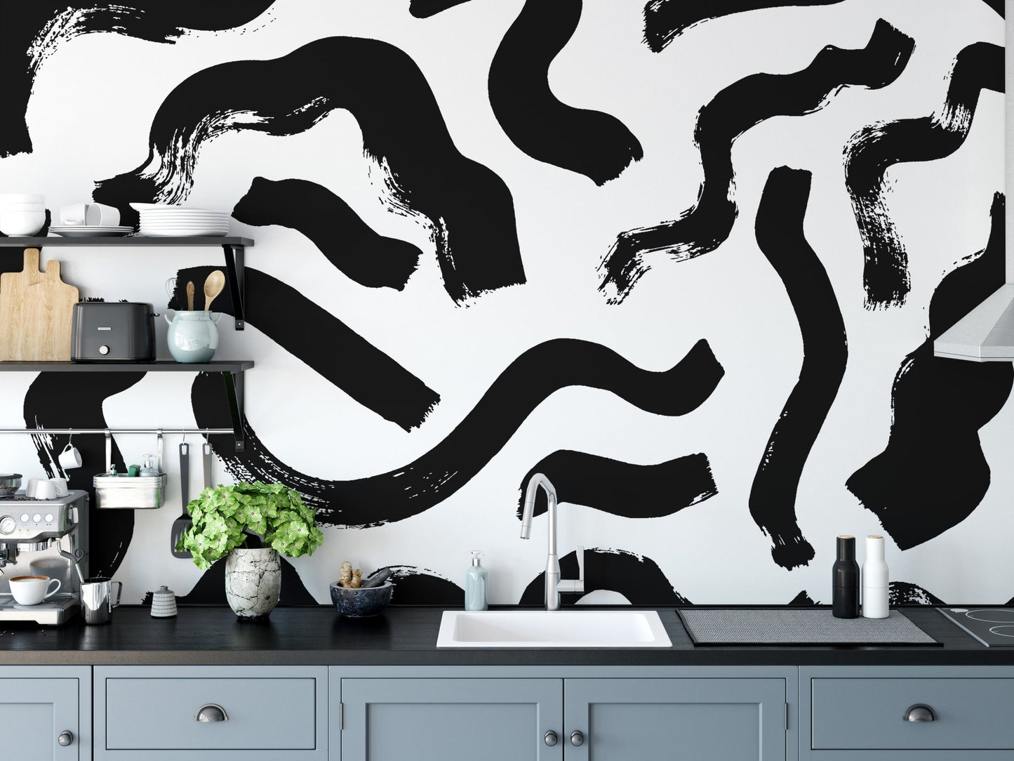 Black Brushstrokes Abstract Wall Mural - Wallanza