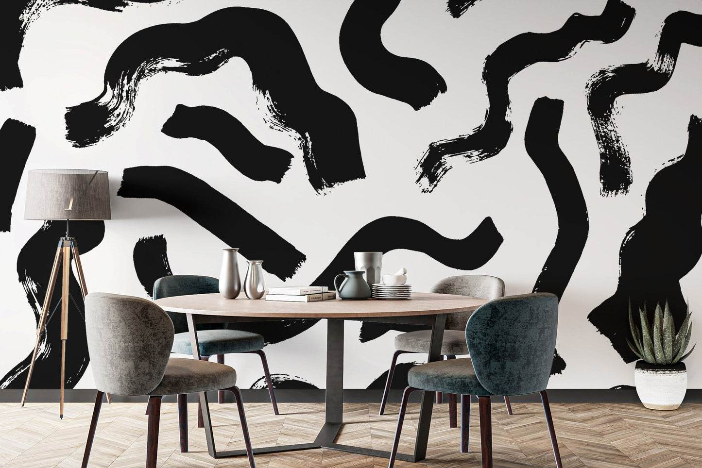 Black Brushstrokes Abstract Wall Mural - Wallanza
